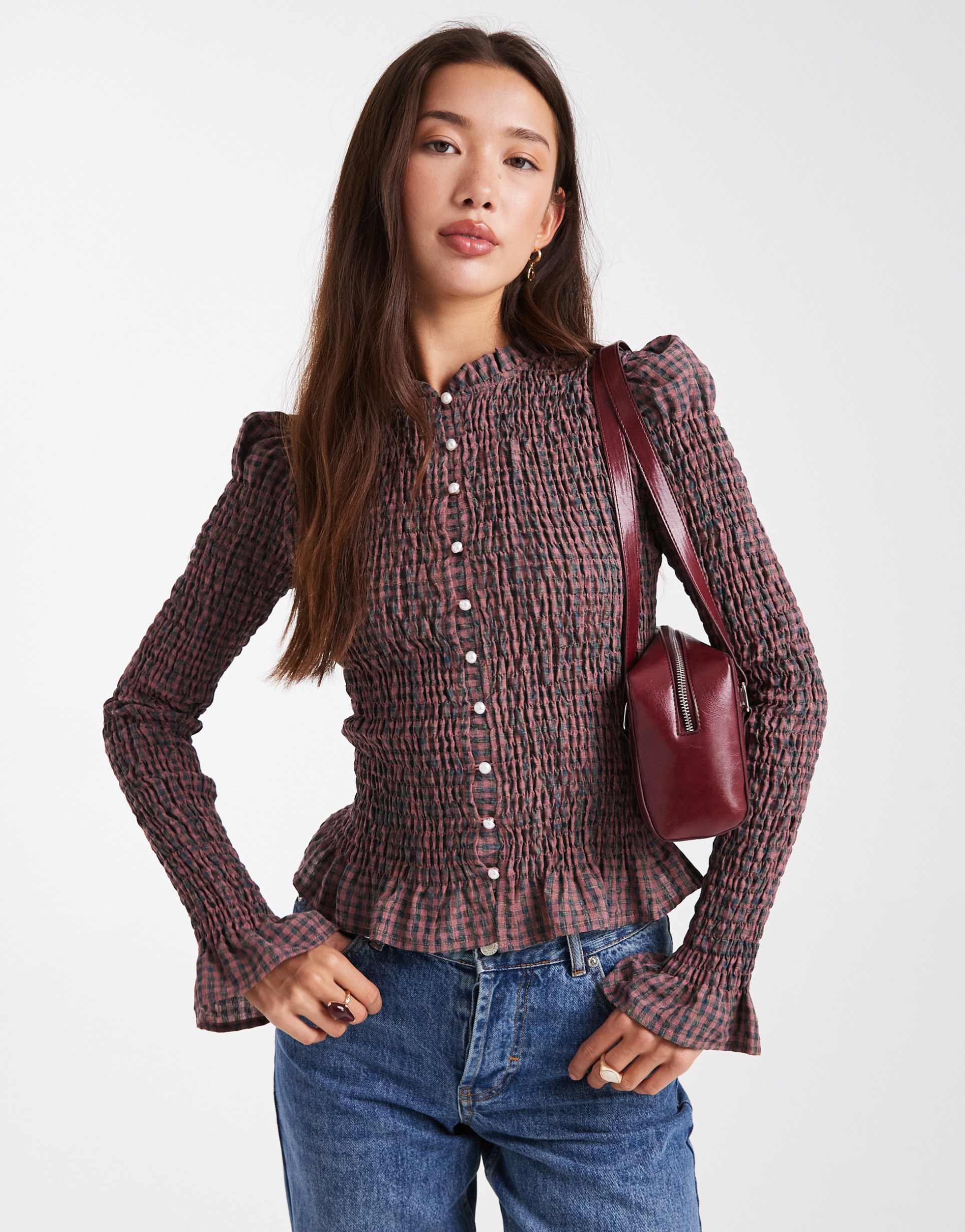 daisy street puff sleeve detail shirred button down top in pink plaid