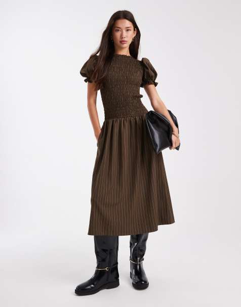 Daisy Street puff sleeve drop waist maxi dress in brown yellow pinstripe - view 1