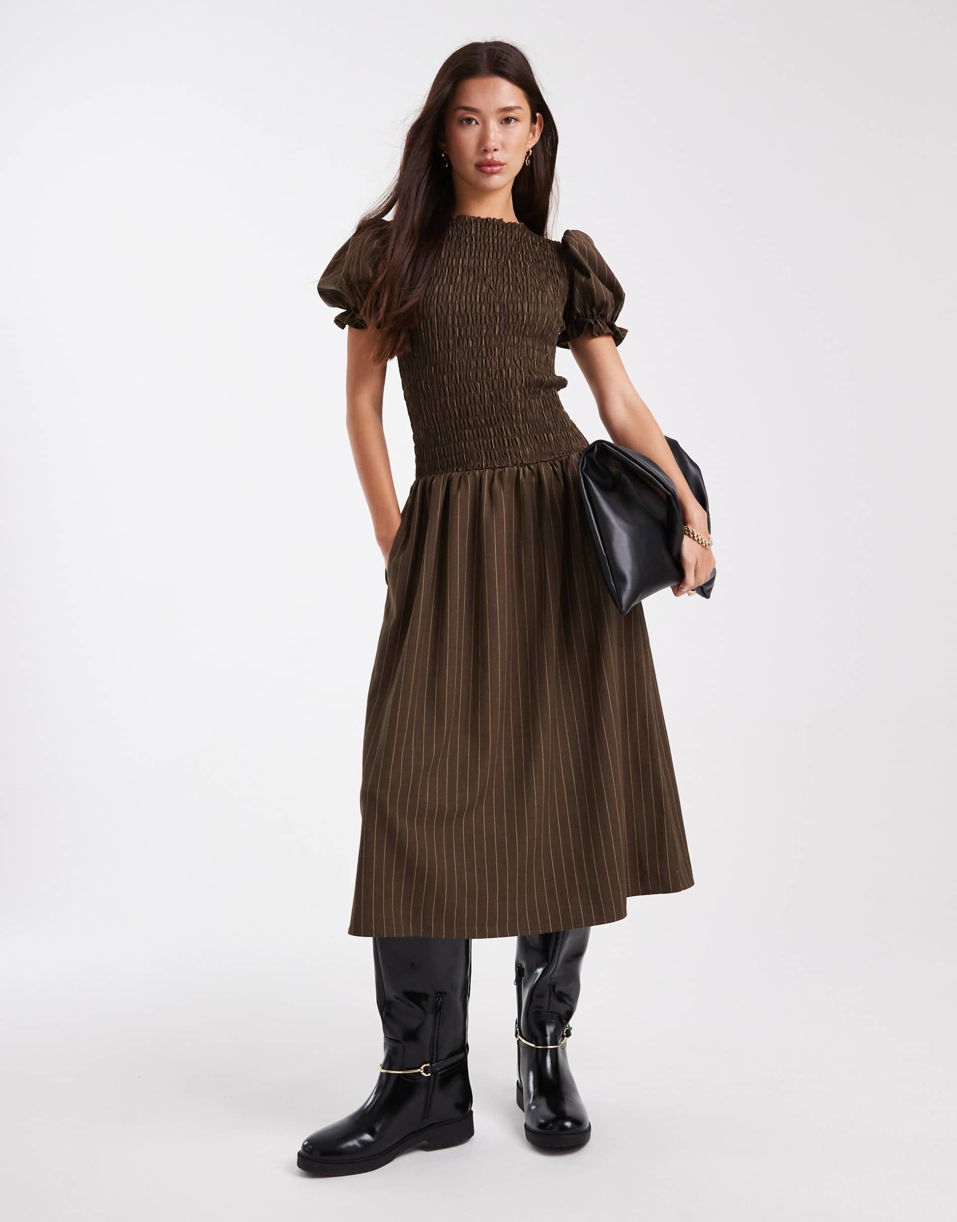 daisy street puff sleeve dropped waist maxi dress in brown yellow pinstripes