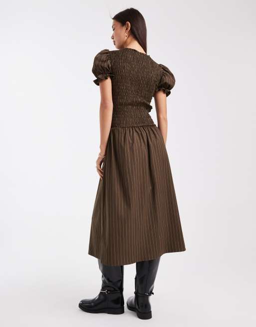Daisy Street puff sleeve dropped waist maxi dress in brown yellow pinstripes