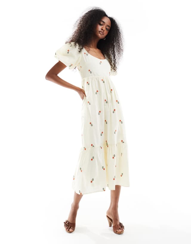 Daisy Street puff sleeve embroidered maxi dress in beige floral | ASOS