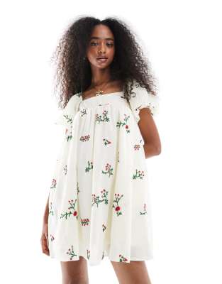 puff sleeve embroidery detail mini smock dress in beige-Neutral