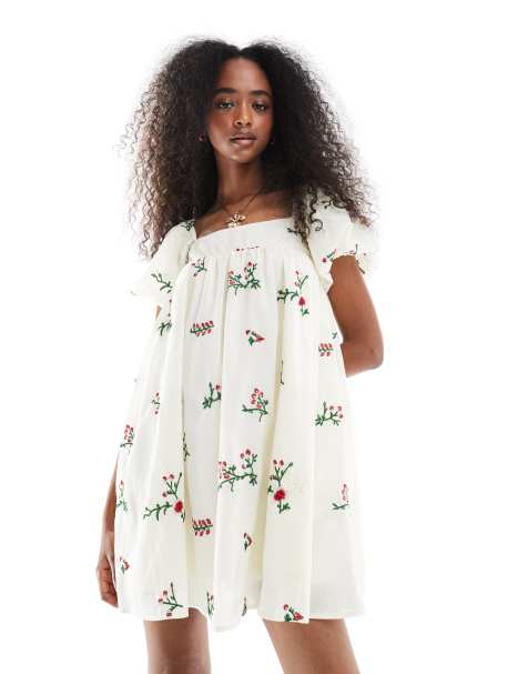 Daisy Street puff sleeve embroidery detail mini smock dress in beige - view 1