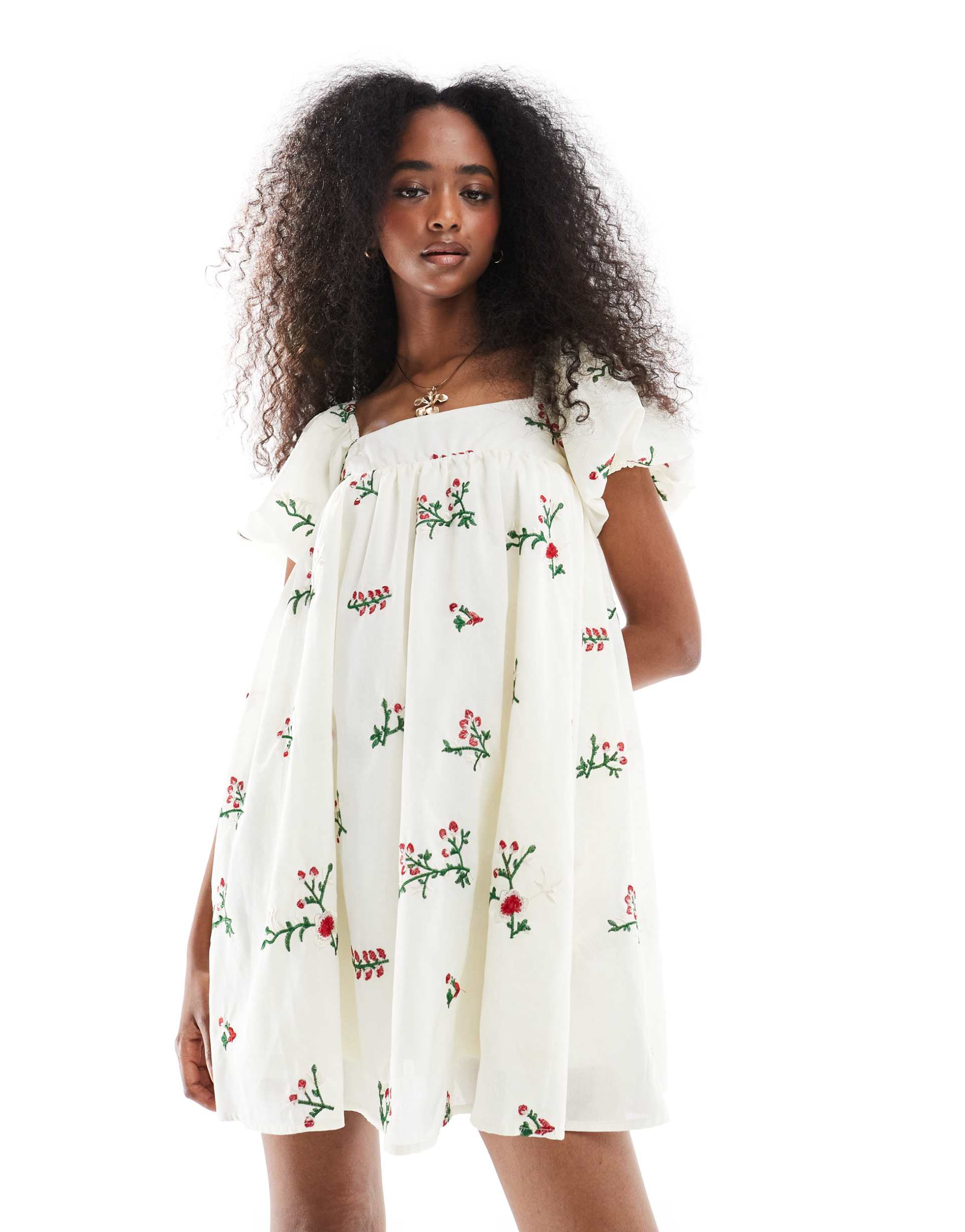 daisy street puff sleeve embroidery detail mini smock dress in beige