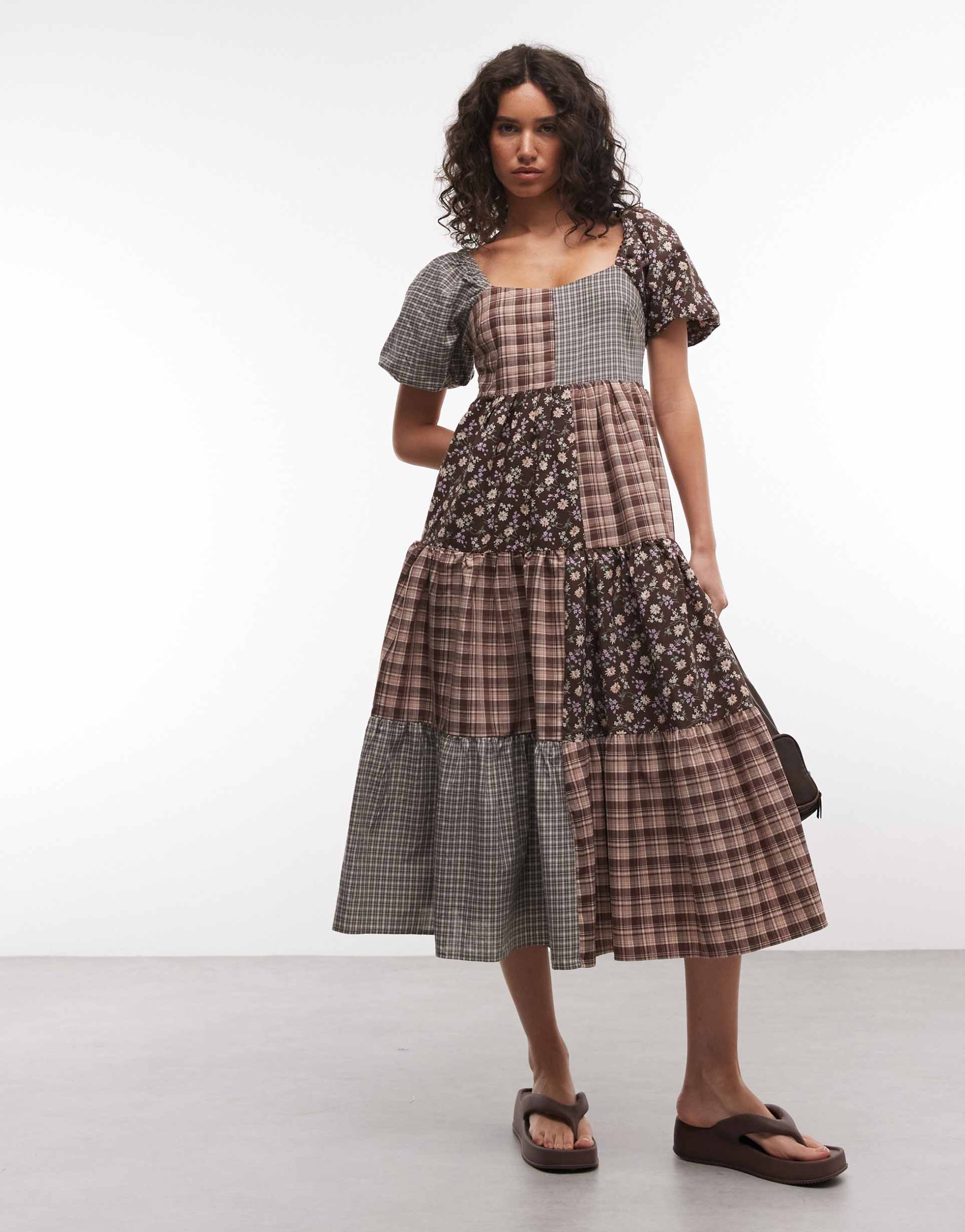 daisy street puff sleeve midaxi smock dress in mixed floral plaid