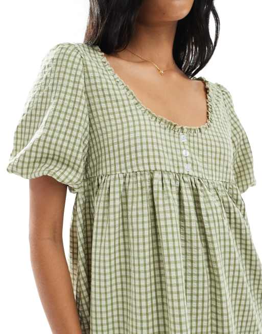Daisy Street puff sleeve mini smock dress in sage check, 3 of 4