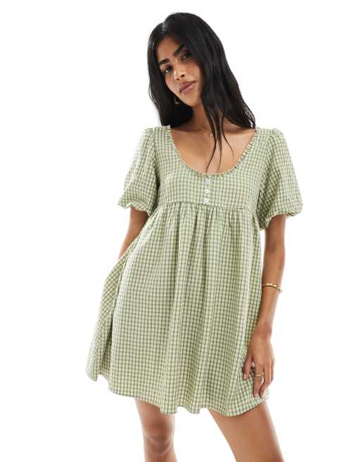 Daisy Street puff sleeve mini smock dress in sage plaid
