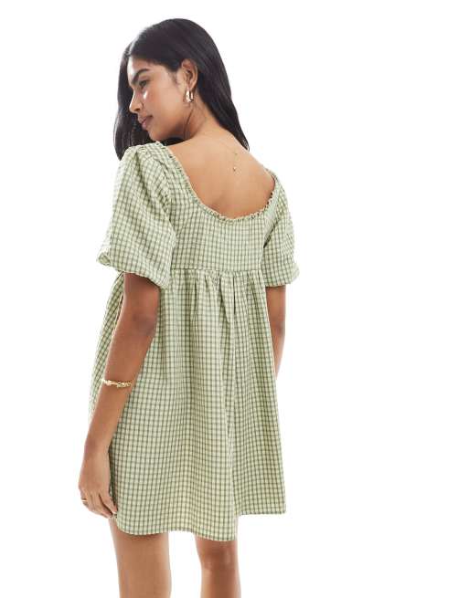 Daisy Street puff sleeve mini smock dress in sage plaid