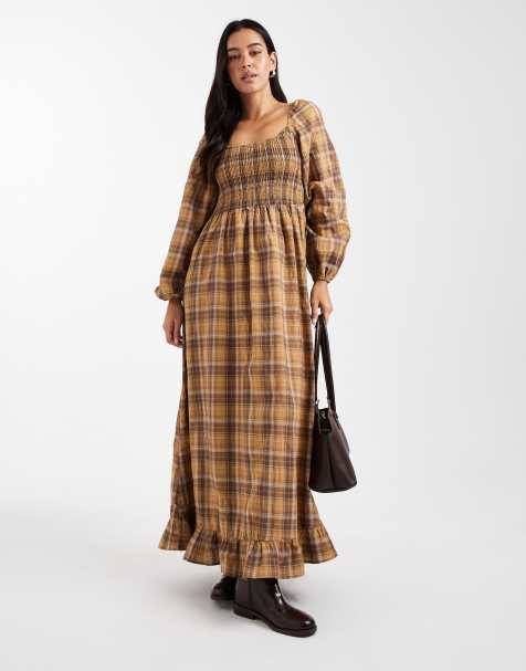 Daisy Street puff sleeve shirred bodice maxi dress in mustard brown plaid - view 1