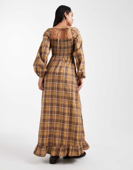 Daisy Street puff sleeve shirred bodice maxi dress in mustard brown plaid