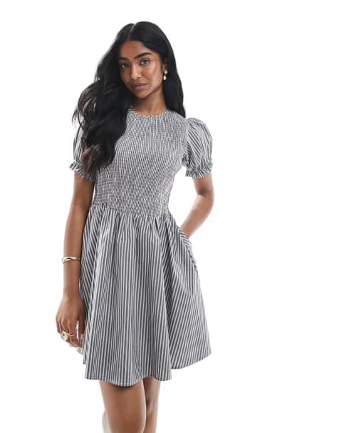 Daisy Street puff sleeve shirred bodice mini dress in multi stripe - view 1