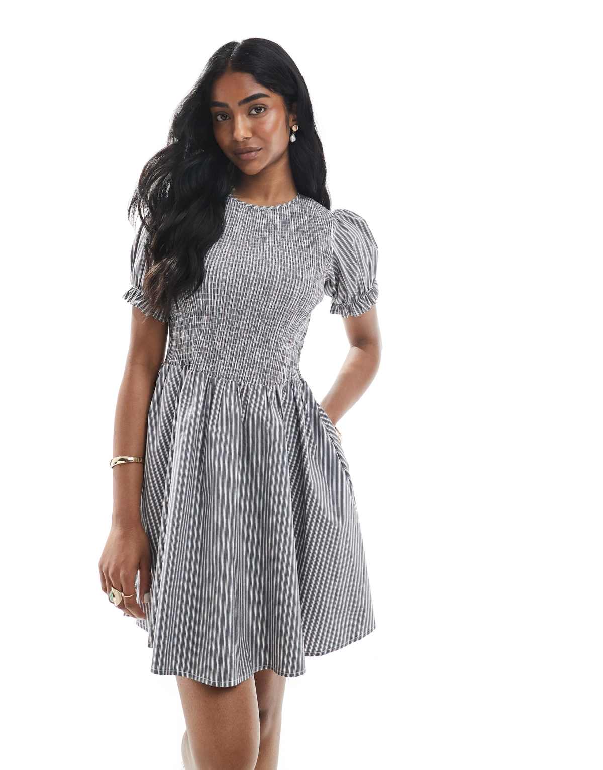 Daisy Street puff sleeve shirred bodice mini dress in multi stripe
