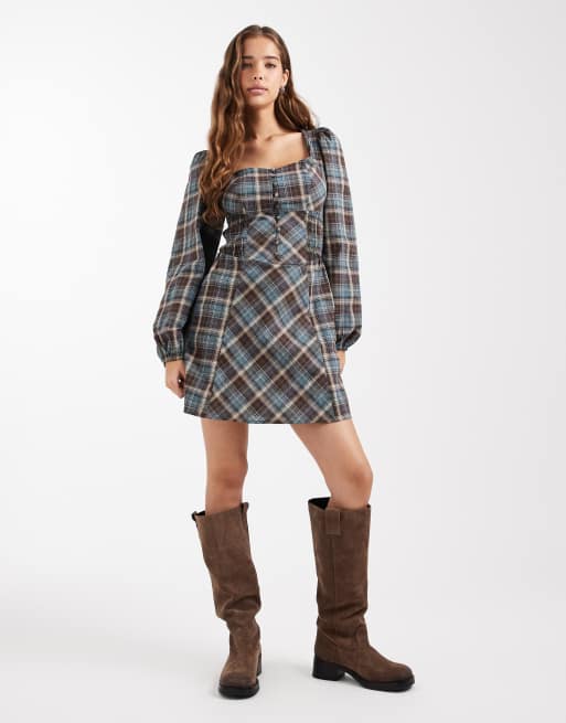 Daisy Street puff sleeve shirred mini dress in brown and blue plaid
