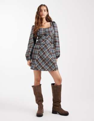 Daisy Street Daisy Street puff sleeve shirred mini dress in brown blue check-Multi