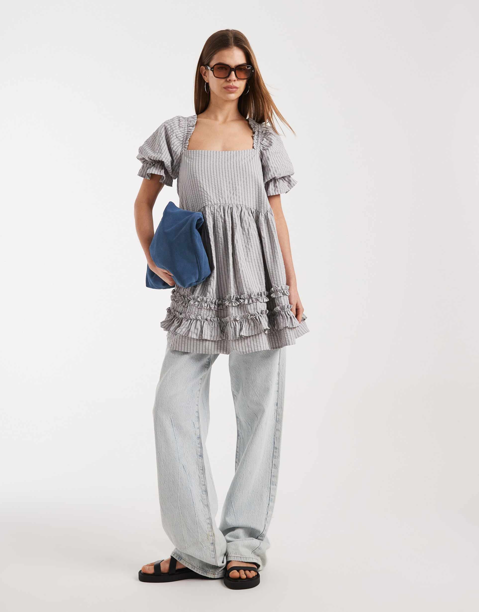 daisy street puff sleeve smock mini dress with ruffles in gray stripe