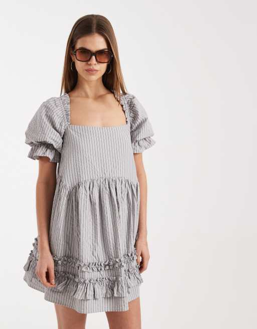 Daisy Street puff sleeve smock mini dress with ruffles in grey stripe, 2 of 4