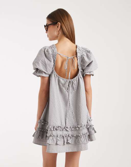 Daisy Street puff sleeve smock mini dress with ruffles in grey stripe, 4 of 4