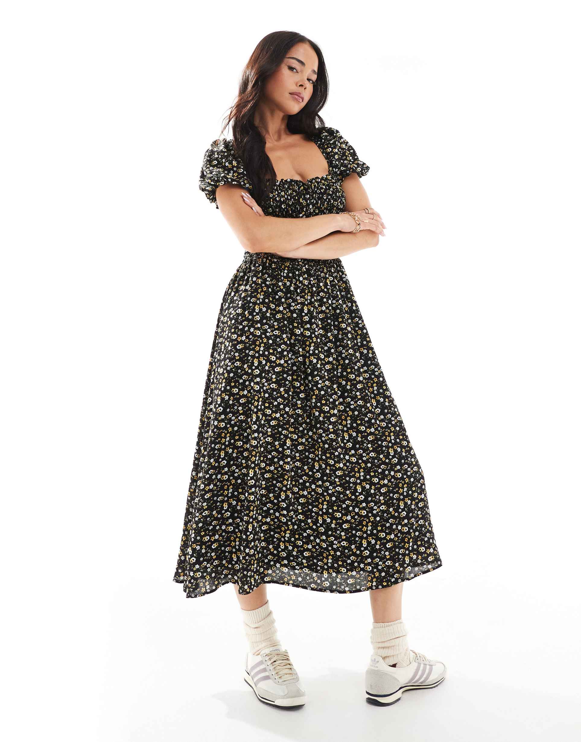 daisy street puff sleeve tie front midaxi dress in micro floral