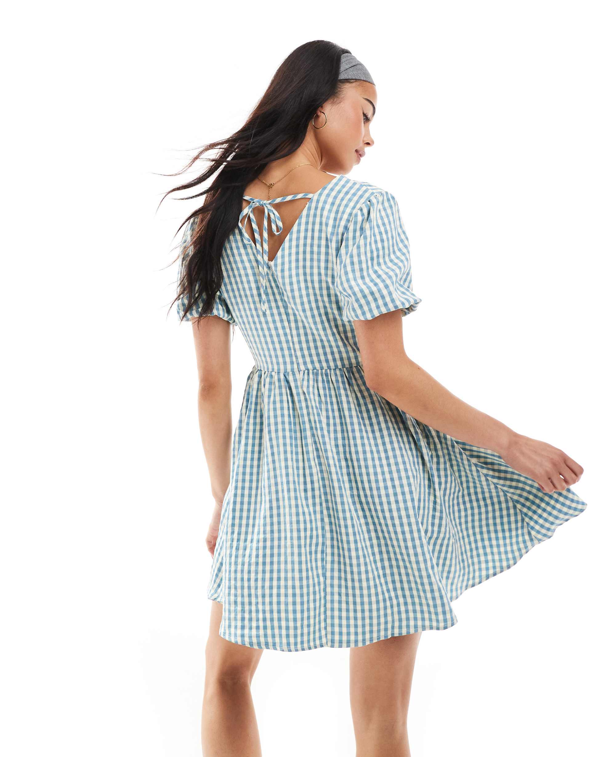 daisy street puff sleeve tie waist mini dress in blue gingham