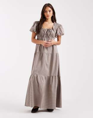 Daisy Street Puff Sleeve Tiered Maxi Dress In Neutral
