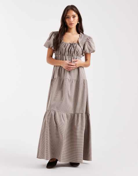 Daisy Street boho ruffle puff sleeve tiered maxi dress in beige check