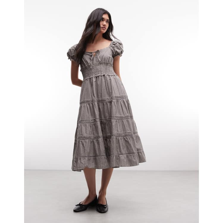 Daisy Street puff sleeve tiered midaxi dress with tie bust in gray