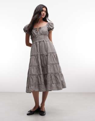Daisy Street Puff Sleeve Tiered Midaxi Dress With Tie Bust In Gray
