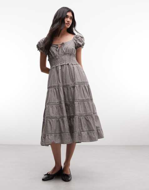 Daisy Street puff sleeve tiered midaxi dress with tie bust in grey check - view 1