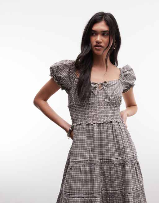 Daisy Street puff sleeve tiered midaxi dress with tie bust in grey check, 2 of 4