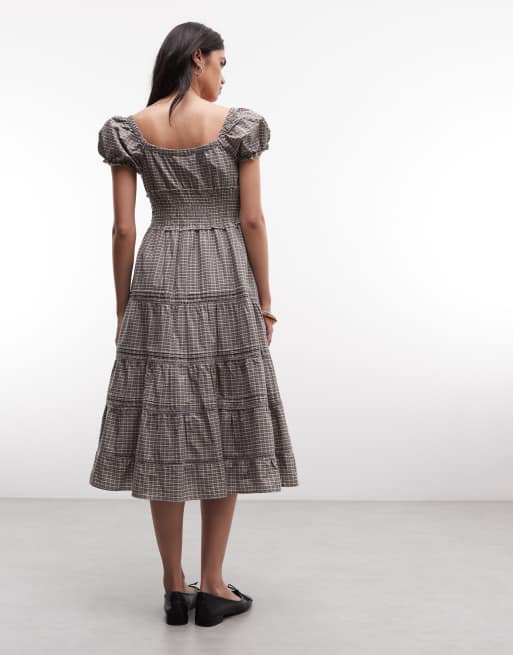 Daisy Street puff sleeve tiered midaxi dress with tie bust in grey check, 3 of 4