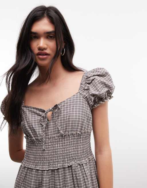 Daisy Street puff sleeve tiered midaxi dress with tie bust in grey check, 4 of 4