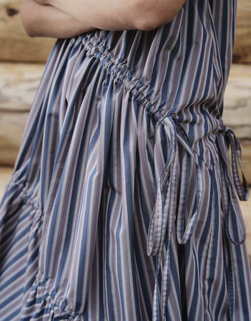 Daisy Street puff sleeve tiered midi dress in blue stripe, 3 of 4