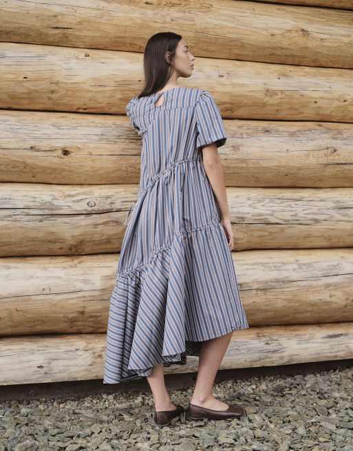 Daisy Street puff sleeve tiered midi dress in blue stripe, 4 of 4