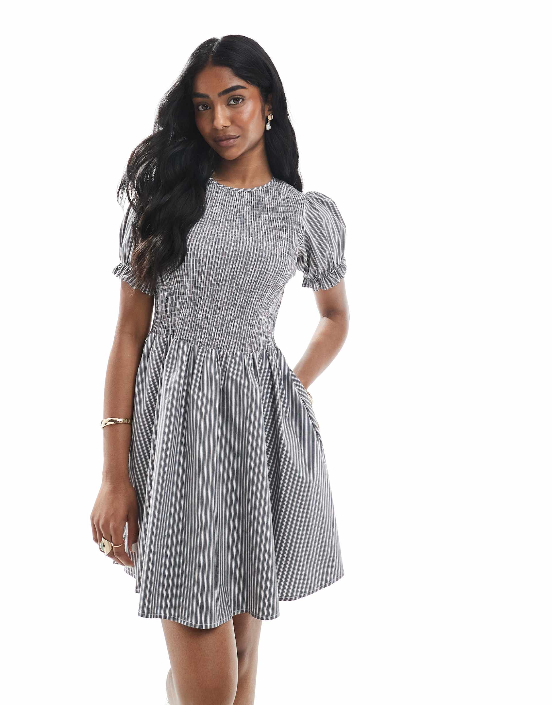 daisy street puff sleeves shirred bodice mini dress in multi stripes