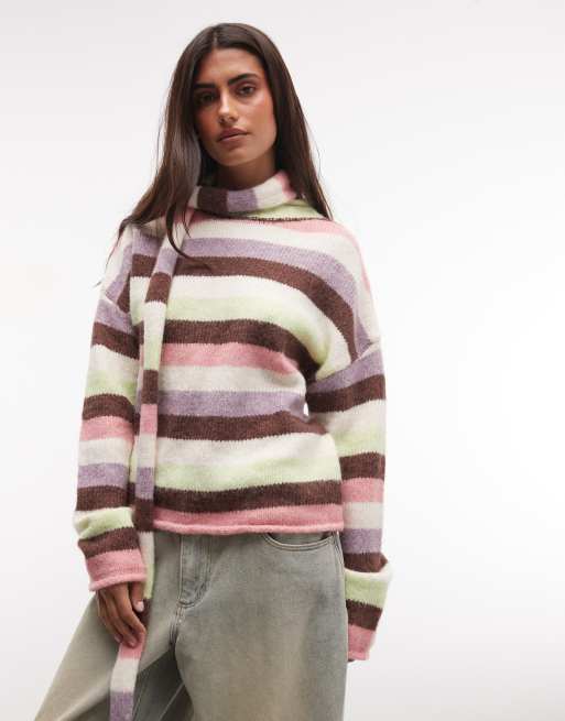Daisy Street pull court à col roulé avec détail roulé, à rayures multicolores en grosse maille, 1 de 4
