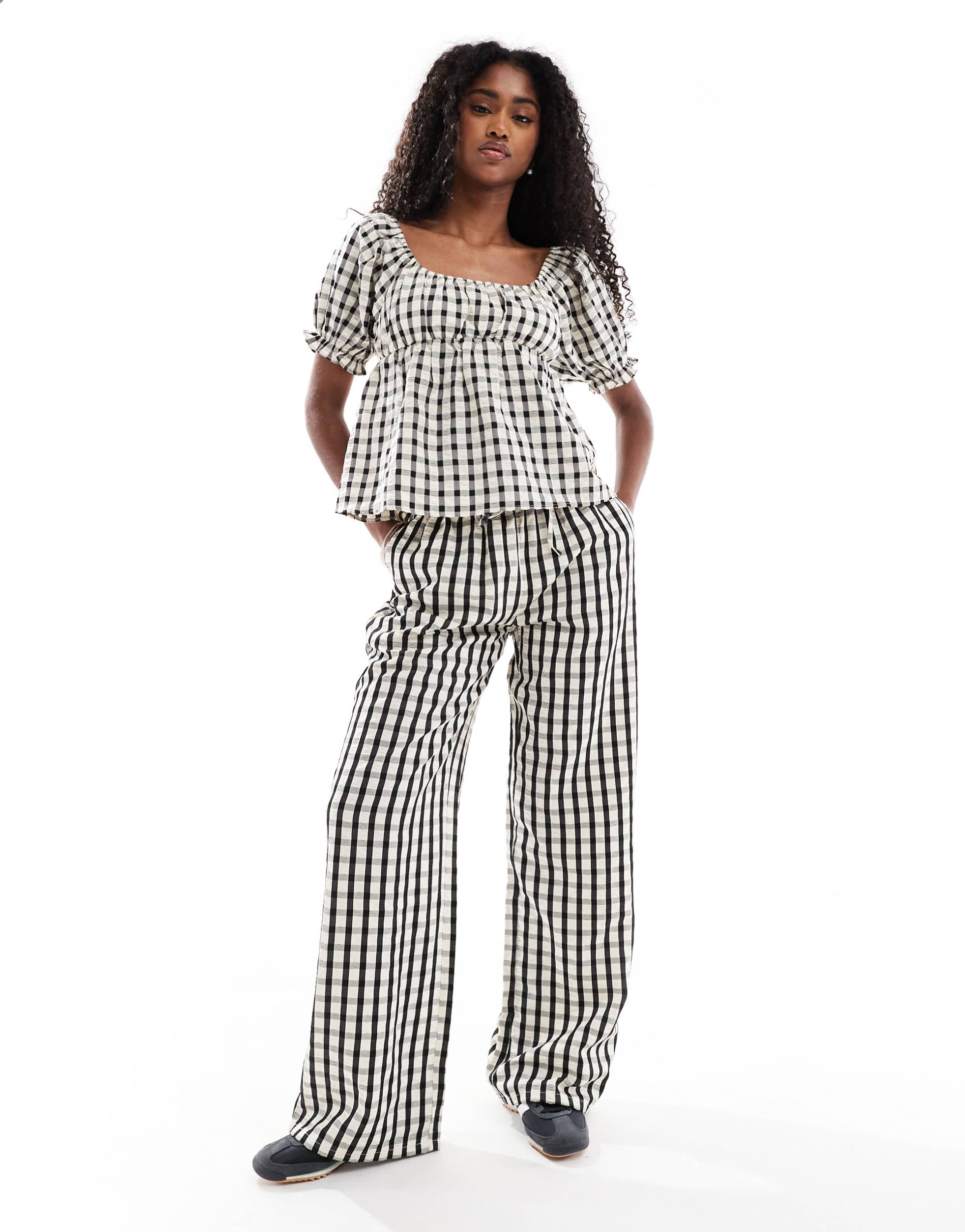 daisy street pull on boxer style pants in black gingham - part of a set