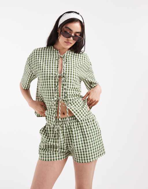 Daisy Street pull on boxer style shorts in green check (part of a set)