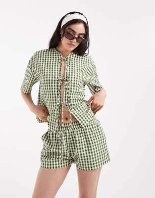 pull on boxer style shorts in green gingham - part of a set