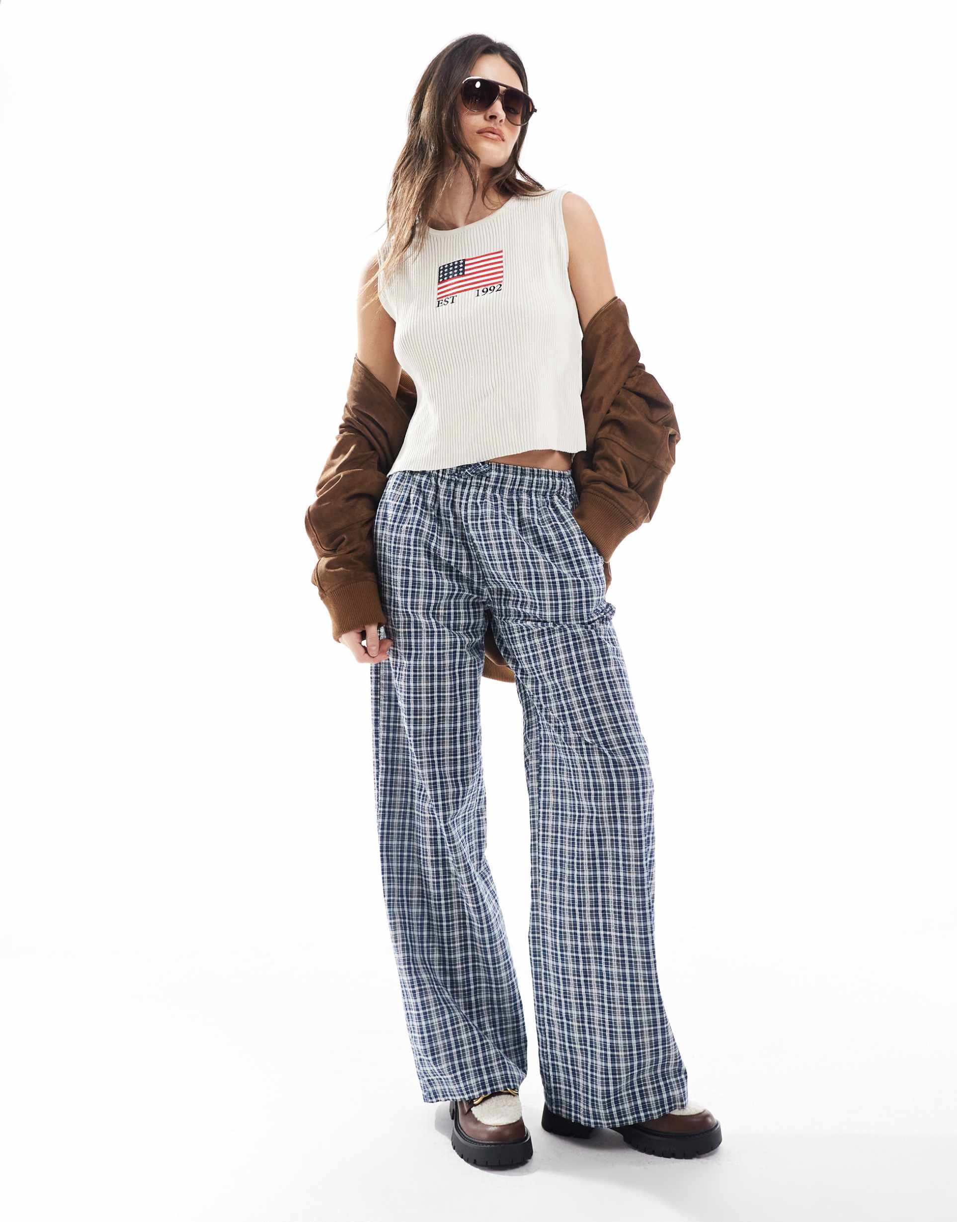 daisy street pull on drawstring pants in navy gingham