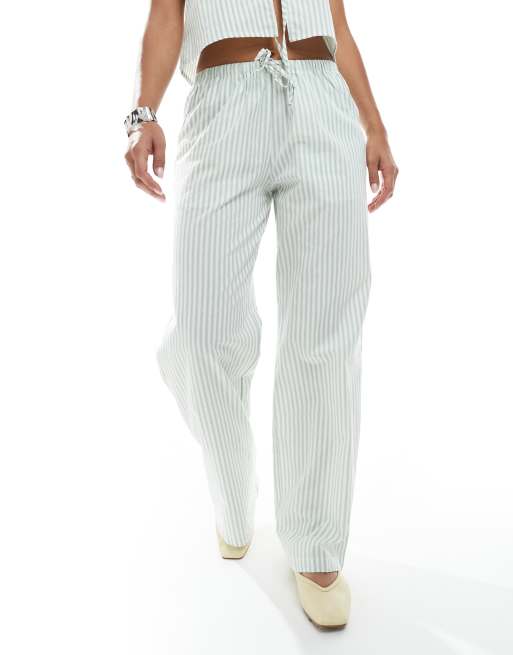 Daisy Street pull on low rise straight leg pants in sage stripe (part of a set), 4 of 4