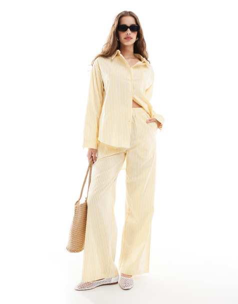 Daisy Street pull on low rise straight leg pants in yellow stripe - part of a set - view 1