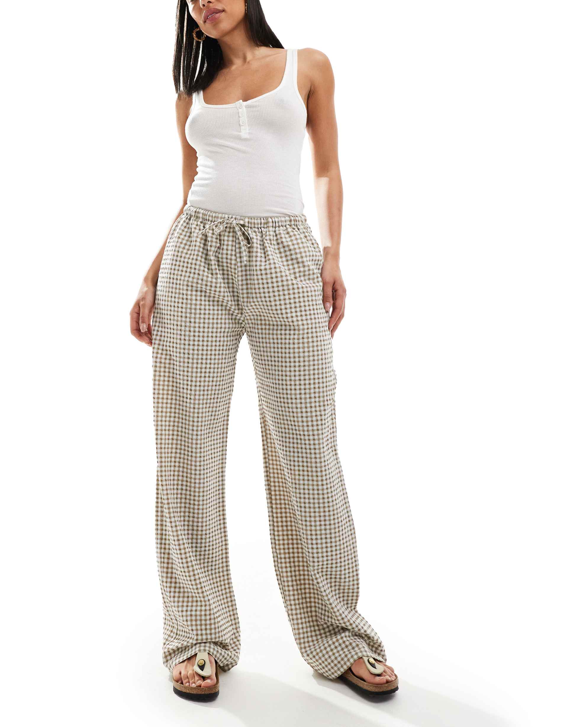 daisy street pull on pants in beige gingham