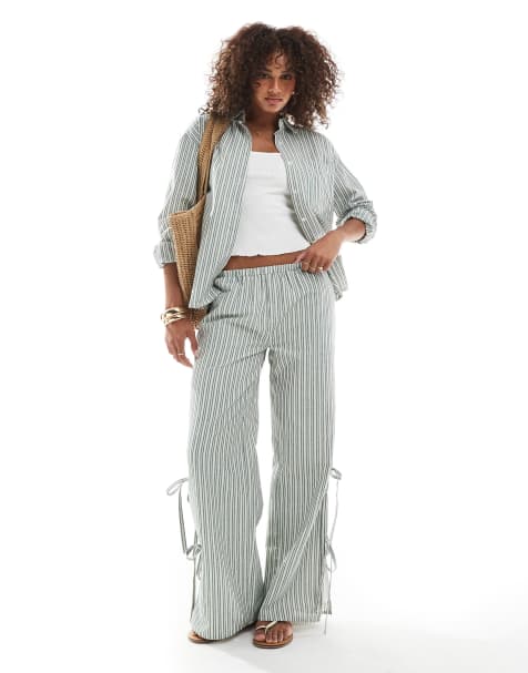 Daisy Street pull on pants with tie sides in green stripes - part of a set - view 1