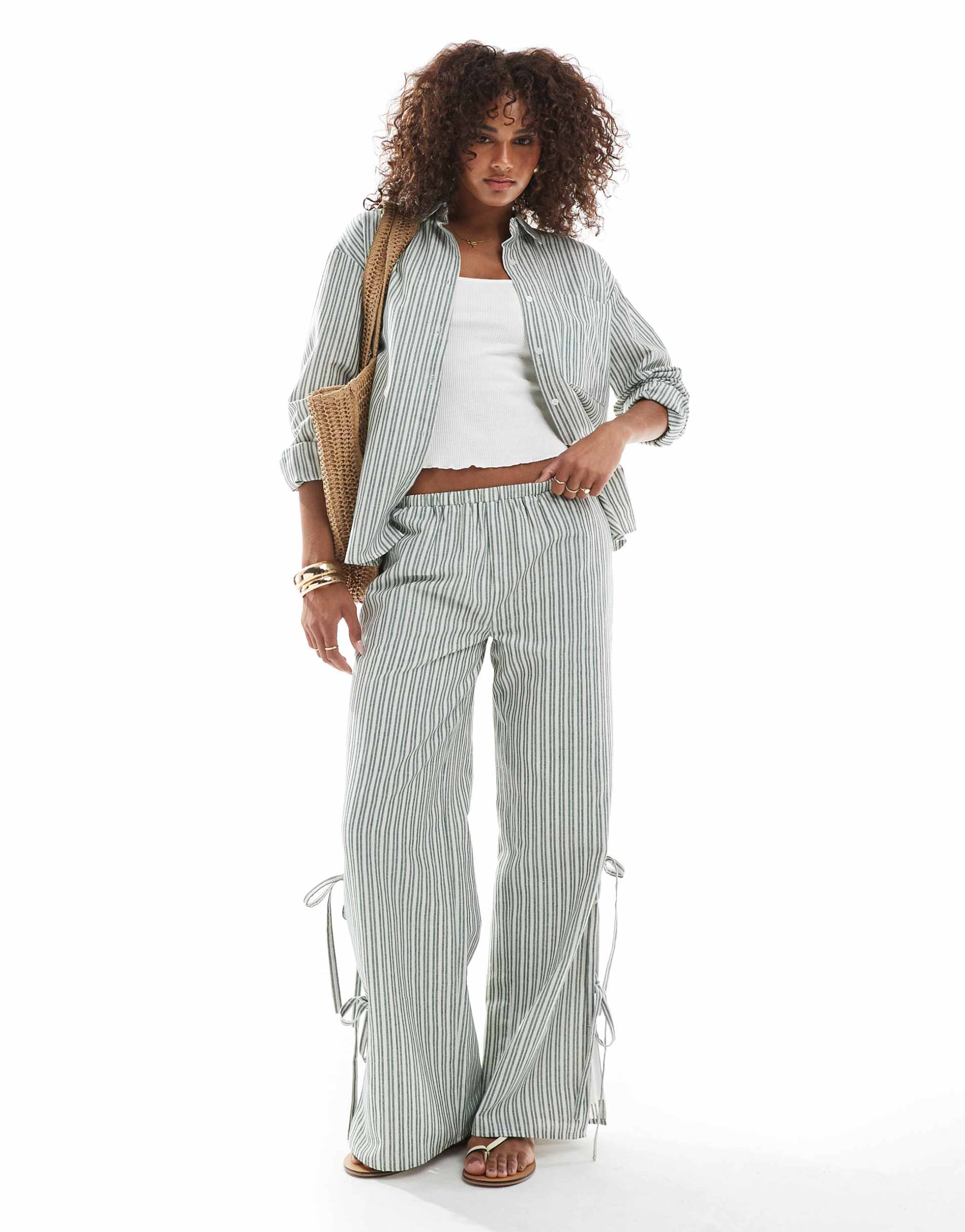 daisy street pull on pants with tie sides in green stripes - part of a set