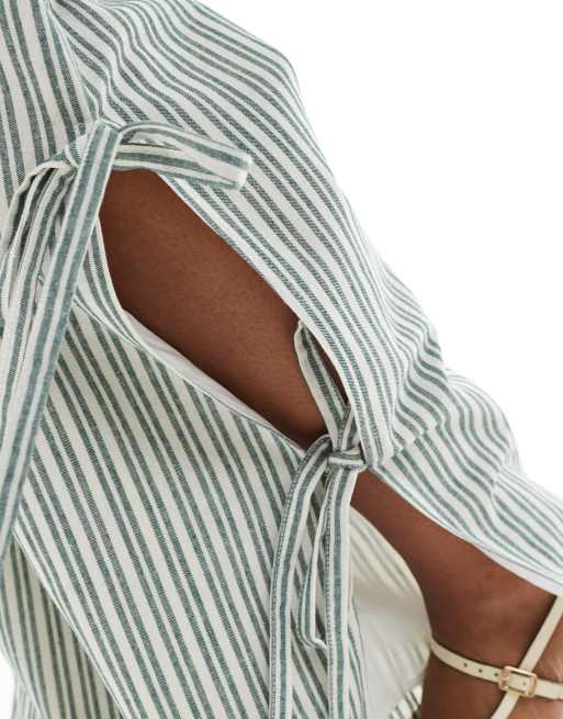 Daisy Street pull on trouser with tie side in green stripe co-ord, 2 of 5