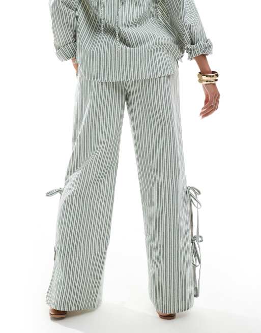Daisy Street pull on trouser with tie side in green stripe co-ord, 3 of 5