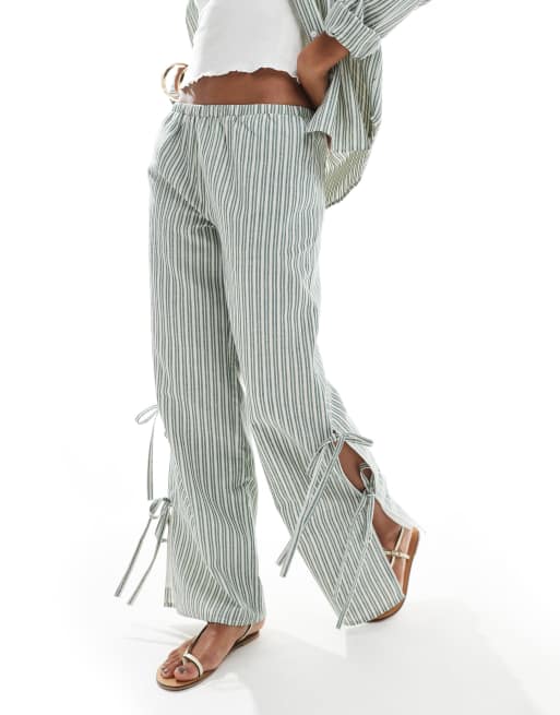 Daisy Street pull on trouser with tie side in green stripe co-ord, 4 of 5