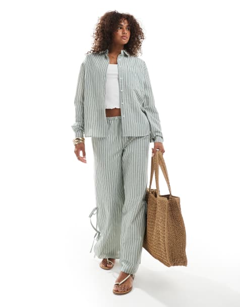 Daisy Street pull on trouser with tie side & oversized dad shirt in green stripe co-ord - view 1