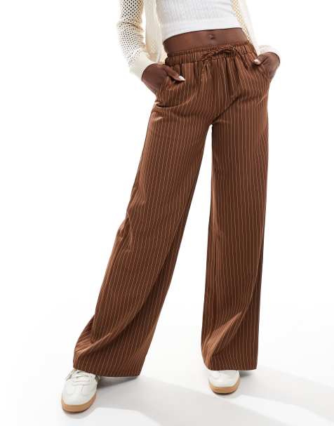 Daisy Street pull on wide leg trousers in brown pinstripe - view 1