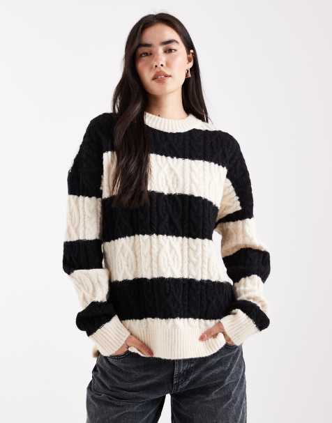 Daisy Street - Pull oversize en maille torsadée rayée - Blanc cassé/noir - view 1